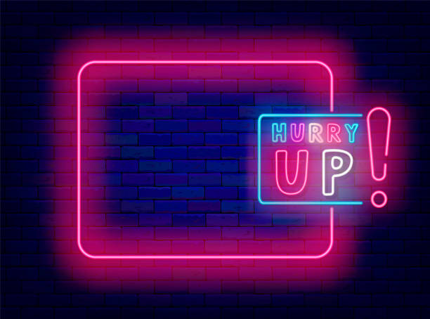 istock Hurry up neon poster. Coming soon banner. Greeting card. Empty pink frame and handwritten text. Vector illustration 2155006739