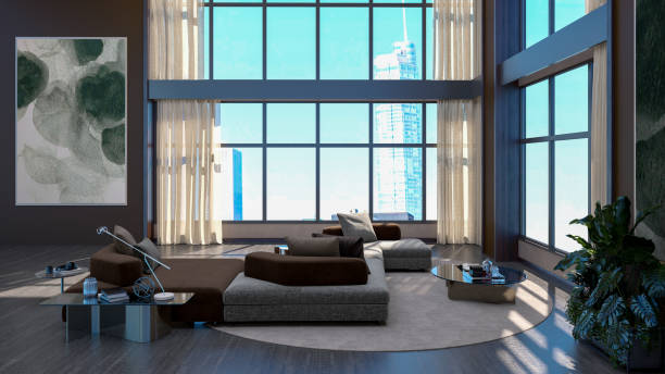 istock Large luxury modern bright interiors Living room mockup illustration 3D rendering image 2155015698