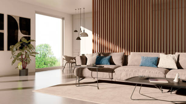 istock Large luxury modern bright interiors Living room mockup illustration 3D rendering image 2155018874