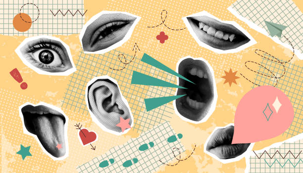 Set1 Banner in vintage new nostalgia collage style. New nostalgia background. Paper halftone human parts of body. Retro vector pop art design. eye candy stock illustrations