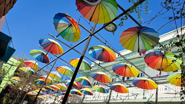 Umbrella Street in Puerto Plata, Dominican Republic, features many multicolored umbrellas that sway above the pedestrian-only street.