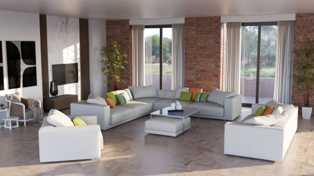istock Large luxury modern bright interiors Living room mockup illustration 3D rendering image 2155024671