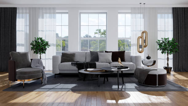 istock Large luxury modern bright interiors Living room mockup illustration 3D rendering computer digitally generated image 2155026194