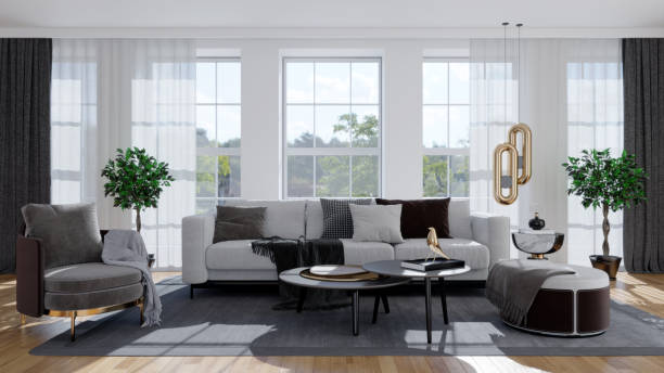 istock Large luxury modern bright interiors Living room mockup illustration 3D rendering computer digitally generated image 2155026339