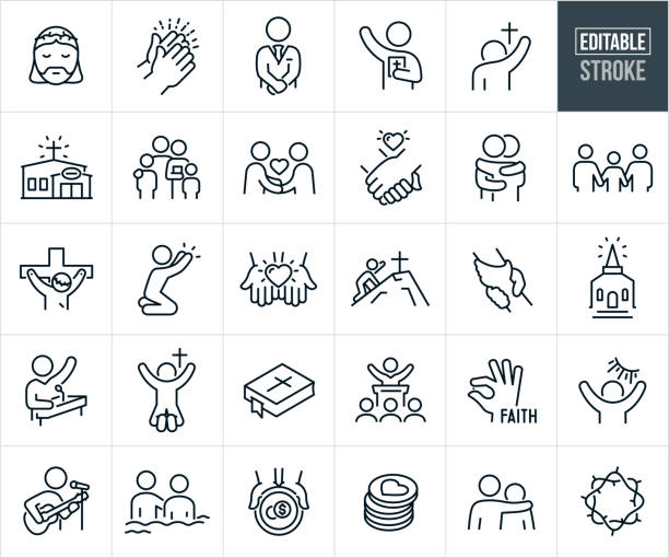 Faith And Christianity Thin Line Icons - Editable Stroke A set of faith and Christianity icons that include editable strokes or outlines using the EPS vector file. The icons include Jesus Christ with crown of thorns, hands praying, pastor with hands crossed at the wrists, person worshiping with arm in the air and holding a bible, worshiper worshiping the cross, church building with cross, family at church, christians fellowshipping each other, two hands holding, two people hugging, family holding hands, Jesus Christ on the cross, person on knees praying, hands holding a heart, person crawling up mountain with cross on the top, hands clasped in rescue, church building with steeple, preacher preaching from podium, person on their knees worshiping, holy bible, pastor preaching to congregation of people, faith as a grain of mustard seed, person playing guitar and singing in church, person being baptized, hands holding a donation plate, tithing in the form of coins, person with arm around a sad person and a crown of thorns. gospel stock illustrations