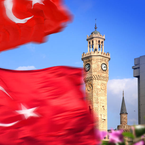 Antalya city clock tower. Midday. Symbolic historical buildings of Antalya. The Mediterranean coast. Turkey country