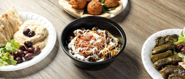 Group of various food dishes on restaurant table