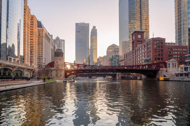 istock Chicago cityscape from the river at sunset in spring 2155042796