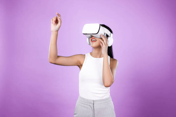 istock Elegant female stand excited seeing virtual scenery in metaverse. Hallucination. 2155047156