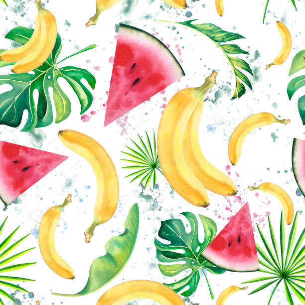 istock Seamless pattern of watermelon and banana, palm branches and monstera. Watercolor drawing with pink and green spots. Juicy slices of watermelon and tropical plants. Hand-painted illustration. 2155048546