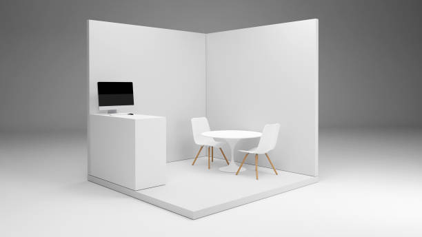 istock Exhibition Booth Mockup with table and chairs, 3D render 2155050276