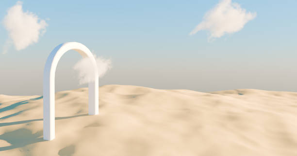 istock A white arch stands alone in a vast desert under a clear sky. 3d rendering 2155051676