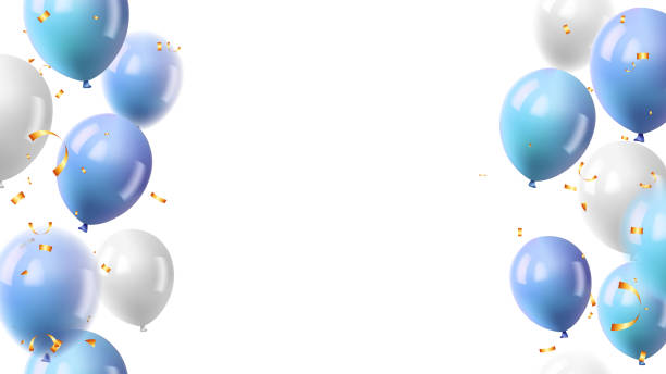 istock Holiday frame template festive background with blue and white flying balloon 2155051859