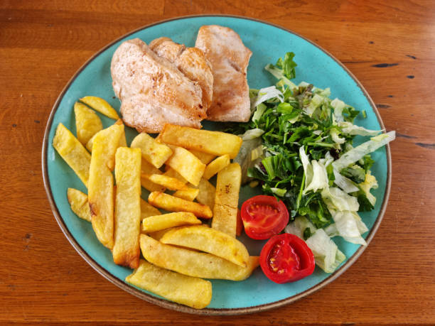 Roasted chicken with potato and salad