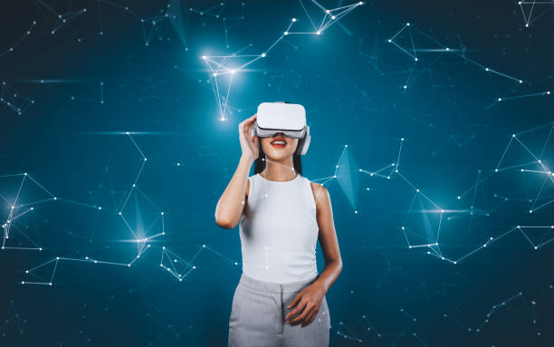 istock Female wearing white VR headset and sleeveless connect metaverse. Hallucination. 2155055940