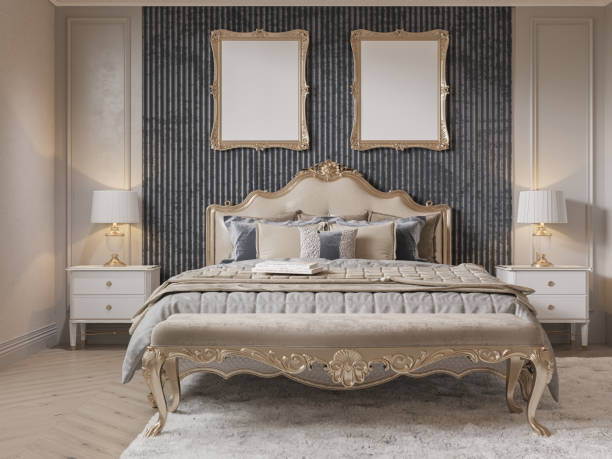 istock mock up poster frame in European style interior background, bed room. 3D render, 3D illustration 2155057771