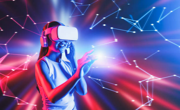 istock Elegant woman in metaverse woman use finger touch virtual object. Hallucination. 2155062613