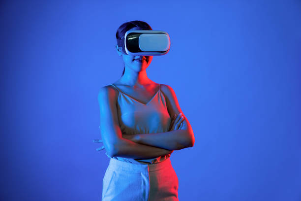 istock Woman confidently pose while look into virtual area of metaverse. Hallucination. 2155062875
