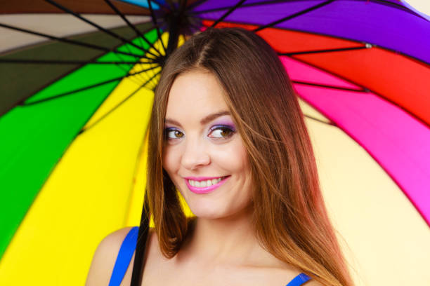 Woman fashionable summer girl standing under colorful rainbow umbrella, close up. Attractive female long hair model. Forecasting and weather season concept