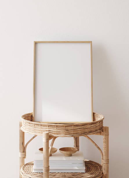 istock Mock up frame in home interior background, white room with natural wooden table and decor 2155066017