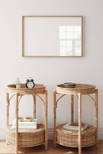 istock Mock up frame in home interior background, white room with natural wooden table and decor 2155066027