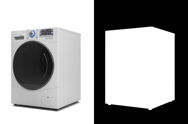 istock New Washing machine prespective left view 3D render on white with alpha 2155068893