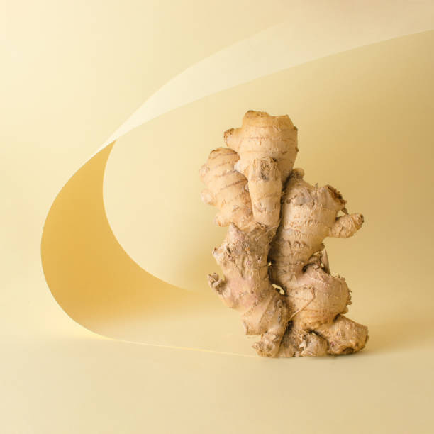 istock Ginger root on beige base. Minimal food conceept. Copy space 2155069138