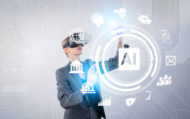 istock Businesswoman using Ai generated while looking at holographic icon. Contraption. 2155070225
