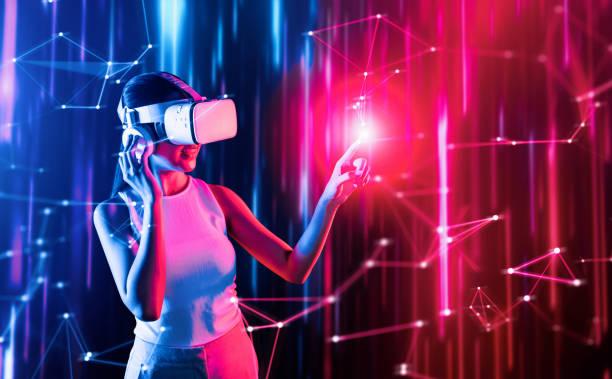 istock Elegant woman in metaverse woman use finger touch virtual object. Hallucination. 2155070383