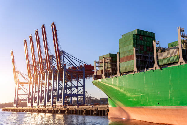 istock Scenic view giant cargo container ship loading Hamburg city port harbor against seaport cranes warm evening sunset lights. Global commercial trade freight charter shipping and logistics background 2155075691