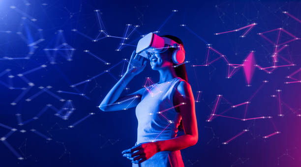 istock Female wear VR headset look in virtual reality holding goggles. Hallucination. 2155076674