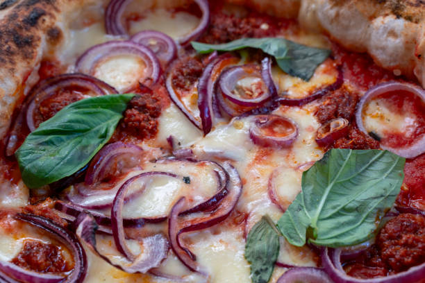 scrumptious pizza with purple onion and basil