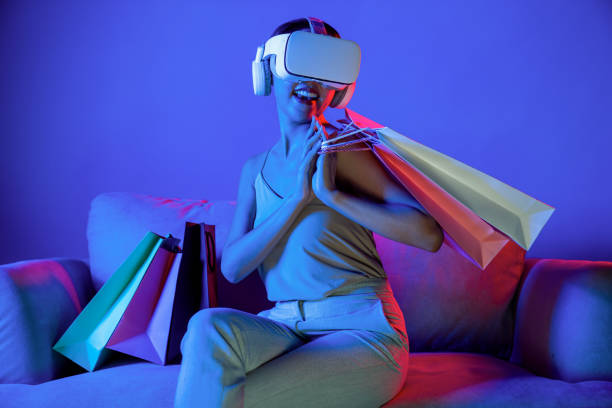 istock Smart female enjoy gesticulate interact other users in metaverse. Hallucination. 2155081479