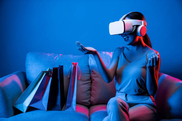 istock Smart female enjoy gesticulate interact other users in metaverse. Hallucination. 2155082233