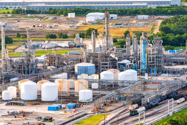 Aerial view of a chemical plant located just outside Houston, Texas in the city of Pasadena shot from a helicopter at an altitude of about 500 feet.