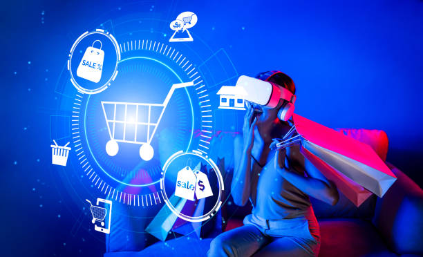 istock Female in metaverse enjoy opening interface online store menu. Hallucination. 2155090220