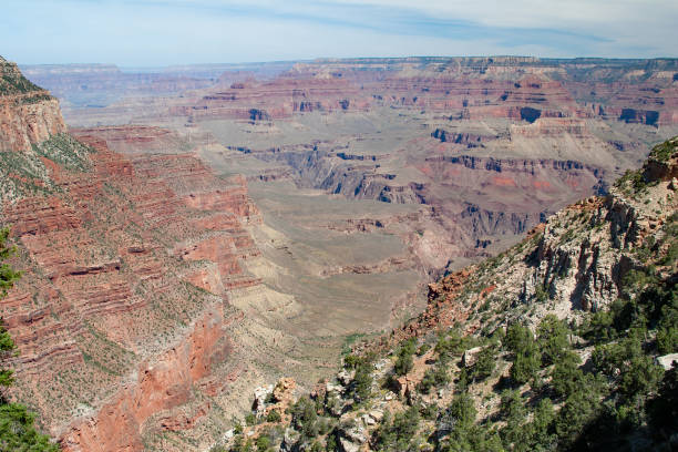 View of Grand Canyon from South Kaibab Trail on South Rim of Grand Canyon National Park, Arizona on sunny summer afternoon.