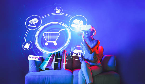 istock Female in metaverse enjoy opening interface online store menu. Hallucination. 2155093352