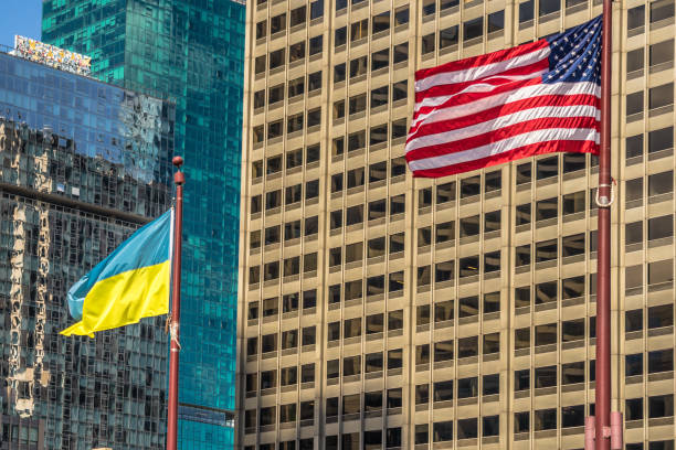 istock Ukraine flag and American flag 2155094993