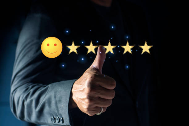 istock Hand with thumb up Positive emotion smiley face icon and five star. Customer satisfaction concept. 2155099869