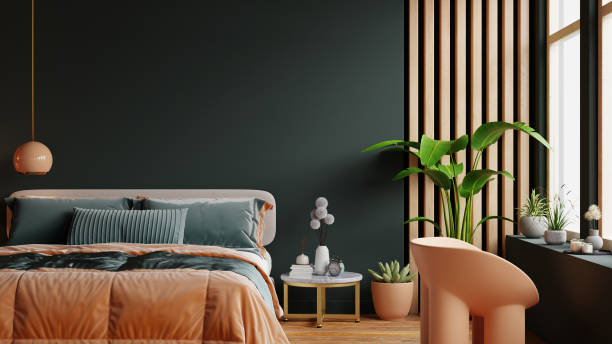 istock Mockup dark green wall in bedroom interior- 3D rendering 2155100568