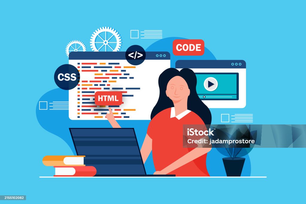 Woman Working As Programmer Writing Code Using Laptop Website Developer ...