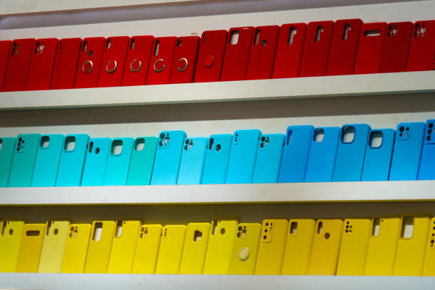 Close up of mobile phone silicone cases on shelves