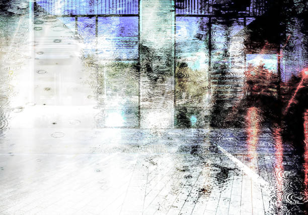 rainy street with city reflections. multi exposure urban abstract background.
