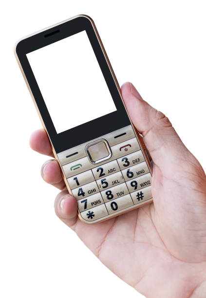istock Hand holding golden mobile phone with white display isolated on white background with clipping path 2155110862