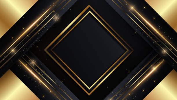 istock Dark black and gold luxury line overlap layered abstract background, with lighting effect and sparkle with copy space for text 2155116300
