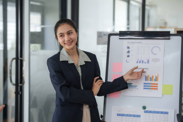istock Young professional young asian businesswoman confidently presenting charts and graphs during a corporate meeting. 2155116593