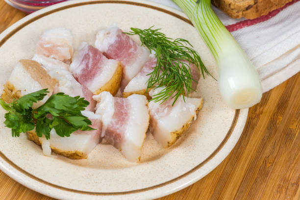 Small slices of the salted pork fatback on skin with meat layer on a saucer and green onion stem, close-up in selective focus