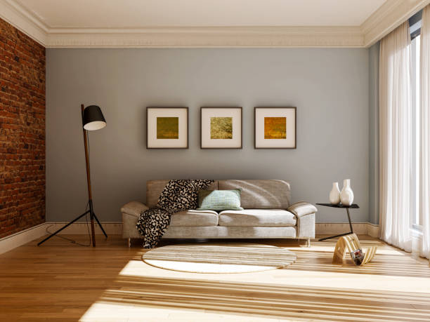 Large luxury modern bright interiors Living room mockup illustration 3D rendering image