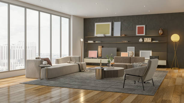 istock Large luxury modern bright interiors Living room mockup illustration 3D rendering image 2155133972